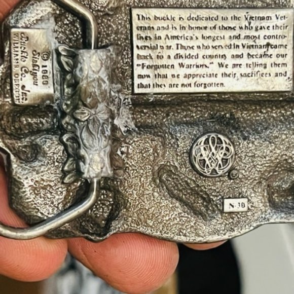 Belt Buckle vtg silver pewter brass Bergamot Siskiyou Vietnam Forgotten Warrior - Picture 3 of 4